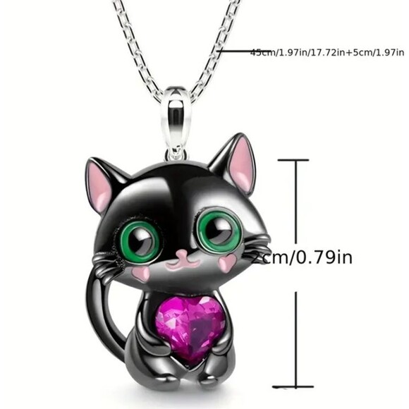 Black CAT Kitten GREEN EYES Rhinestone Heart Necklace - Picture 3 of 4